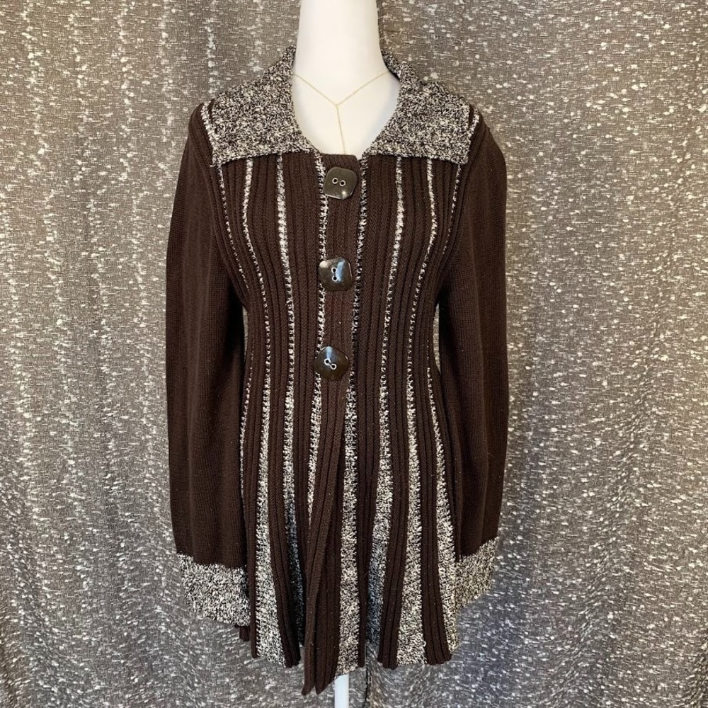 Vintage Lisa International Brown Striped Cardigan Sweater Y2K Boho‎ Womens